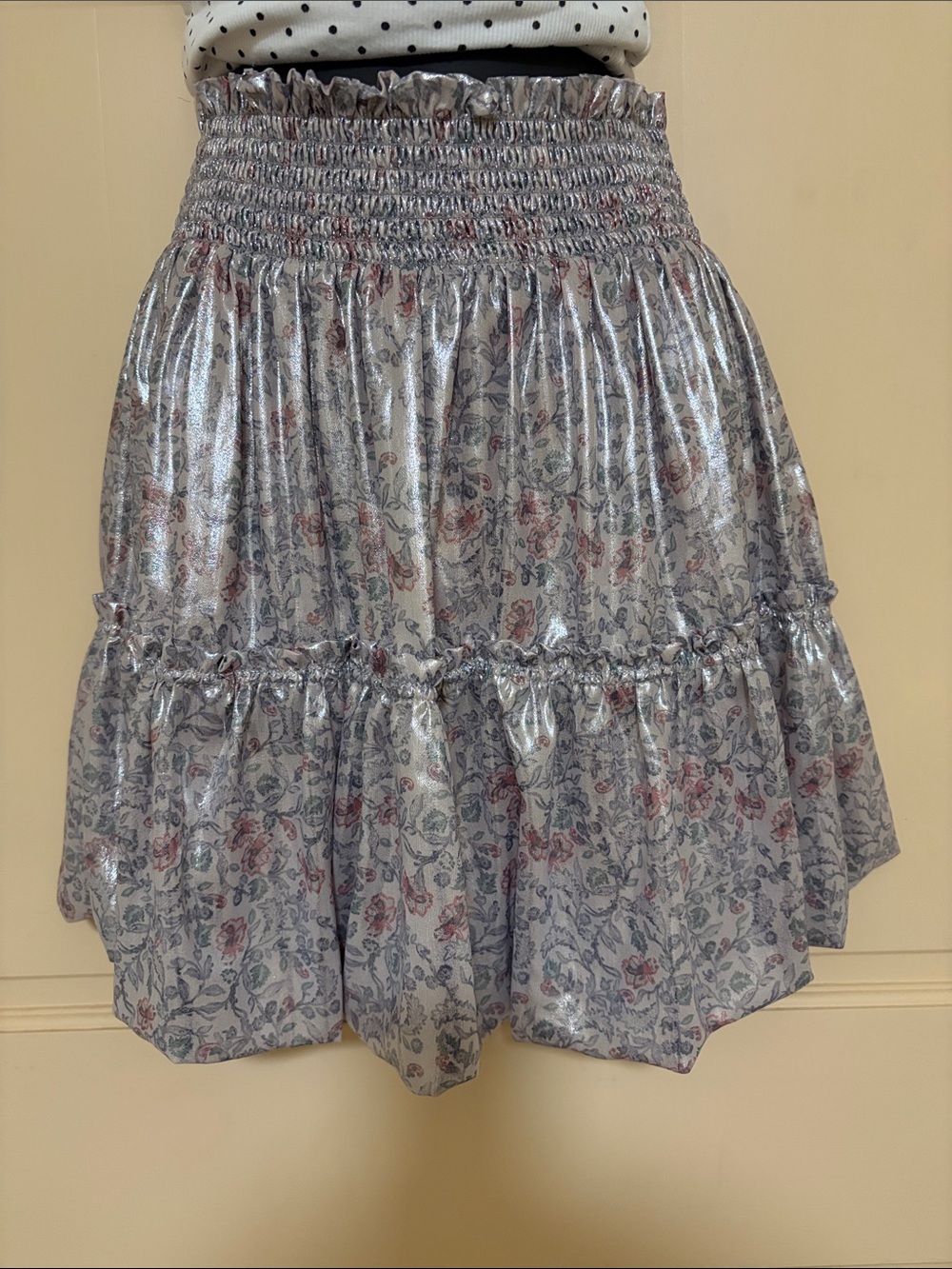 Free People Silver Metallic Floral Tiered Mini Skirt - Picture 1 of 2